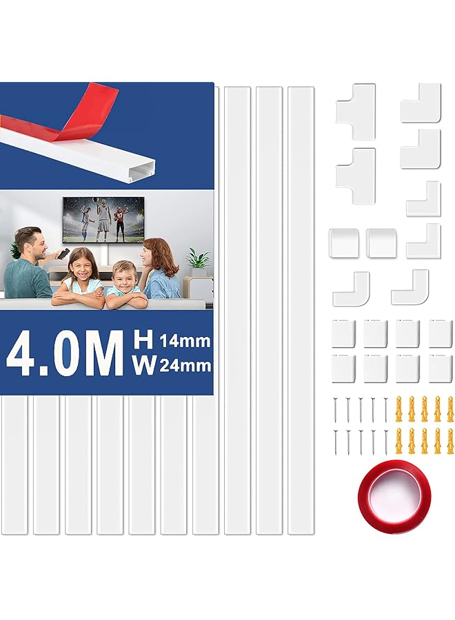 promass 157 inches Cable Concealer On-Wall Cord Cover Raceway Kit, Cable Management Cord Hider Including Connectors & Adhesive Strips Connected to Cable Raceway (W24mm H14mm) - Image 1