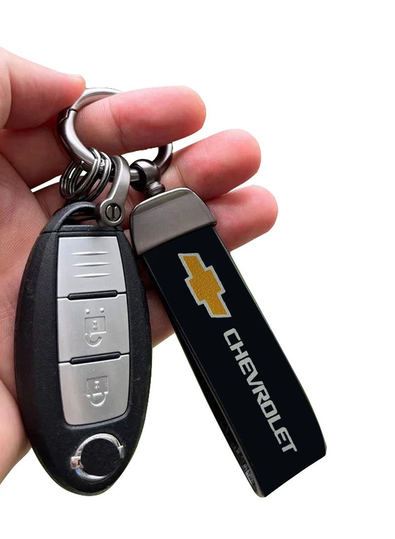 Premium Stylish Leather Strap Car Keychain with Retractable Metal Clip and Metal Ring - Black - CHEVROLET - Image 3