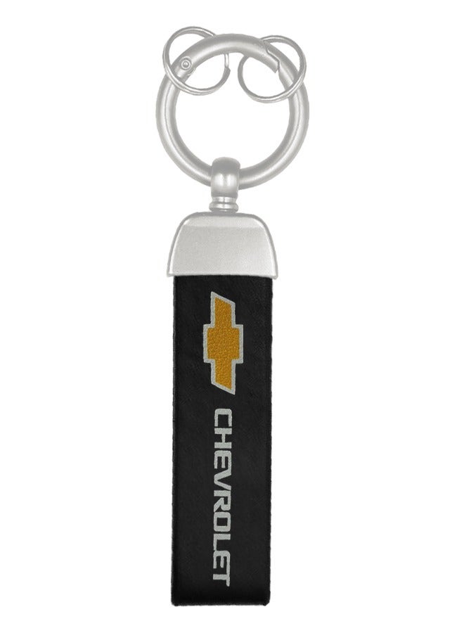 Premium Stylish Leather Strap Car Keychain with Retractable Metal Clip and Metal Ring - Black - CHEVROLET - Image 1