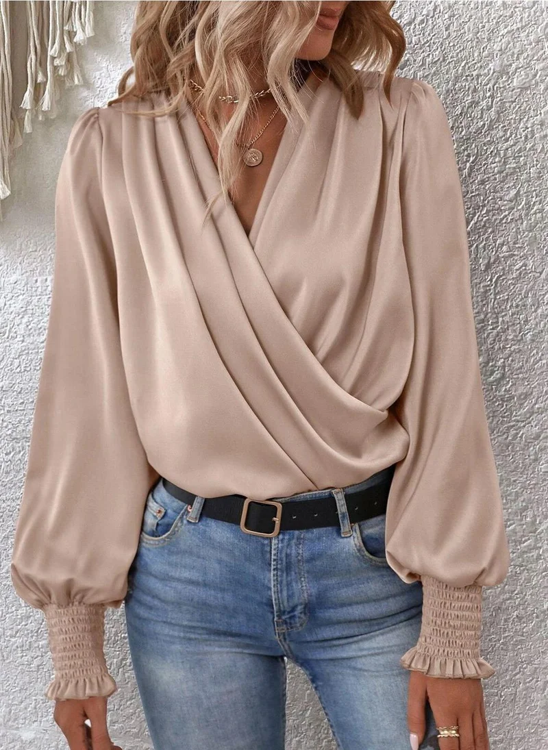 YUNIQEE Beige V-Neck Long Sleeves Solid Top