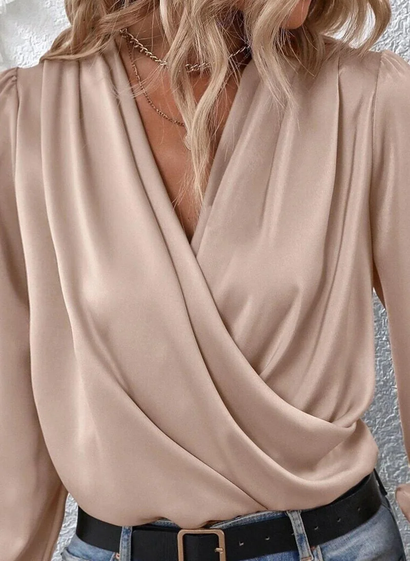 YUNIQEE Beige V-Neck Long Sleeves Solid Top
