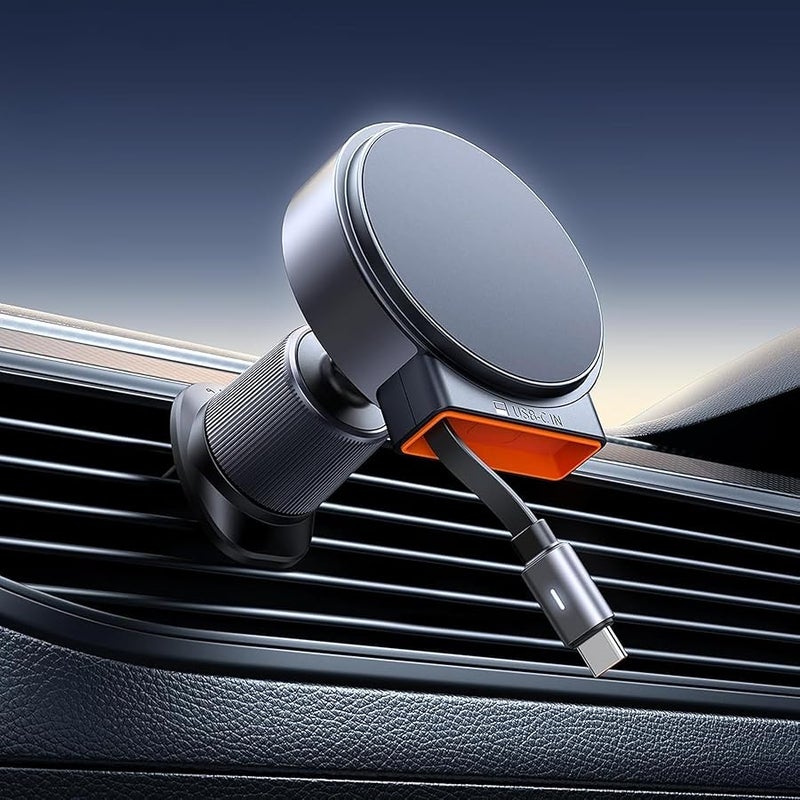 15W Car Mount Charger with Built-in USB-C Retractable Cable, Wireless Mobile Device Holder, Compatible with Popular Smartphones, Rotating Air Vent Clip, Universal Charger, 1 Black - Image 1