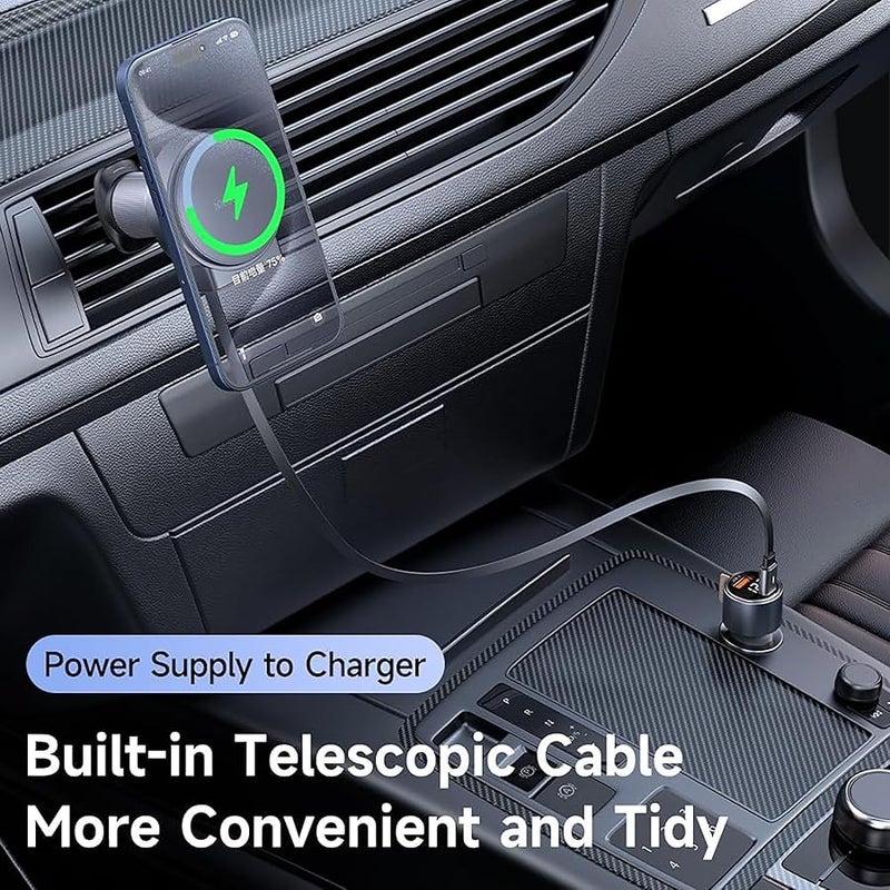 15W Car Mount Charger with Built-in USB-C Retractable Cable, Wireless Mobile Device Holder, Compatible with Popular Smartphones, Rotating Air Vent Clip, Universal Charger, 1 Black - Image 2