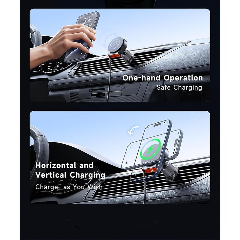 15W Car Mount Charger with Built-in USB-C Retractable Cable, Wireless Mobile Device Holder, Compatible with Popular Smartphones, Rotating Air Vent Clip, Universal Charger, 1 Black - Image 4