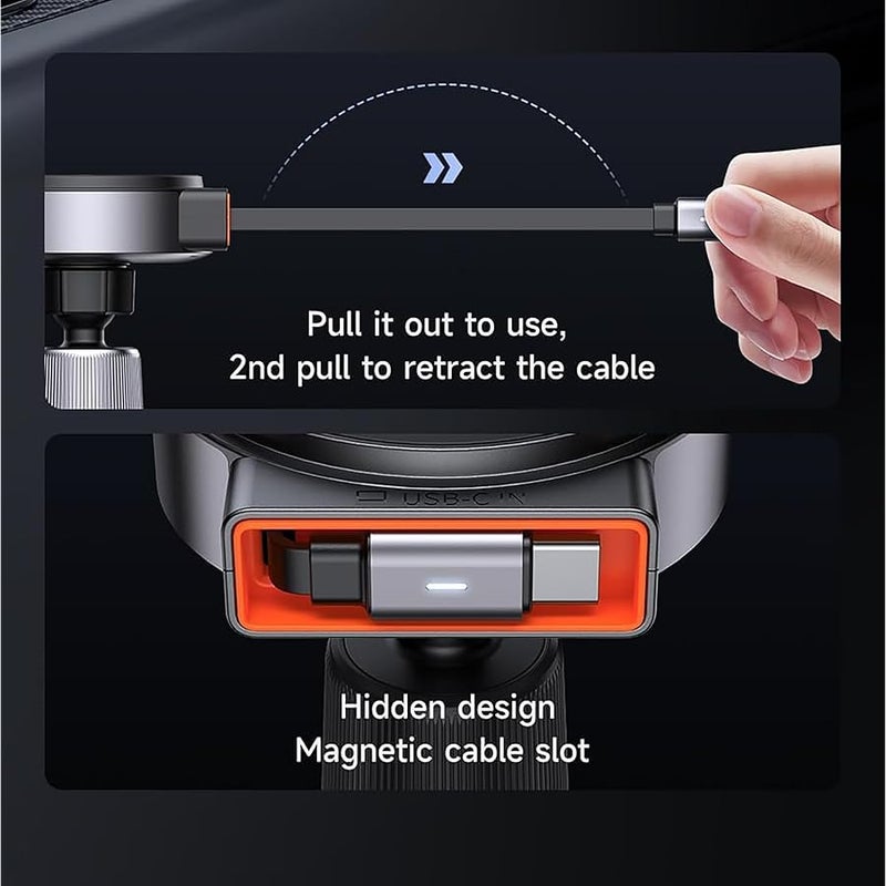 15W Car Mount Charger with Built-in USB-C Retractable Cable, Wireless Mobile Device Holder, Compatible with Popular Smartphones, Rotating Air Vent Clip, Universal Charger, 1 Black - Image 3