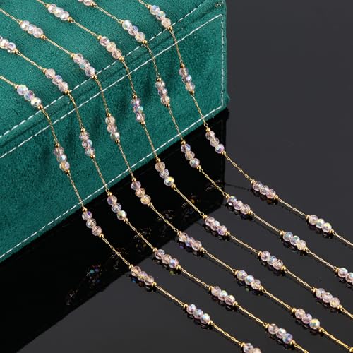 UMAOKANG 4 Meters Gold Plated Stainless Steel Chains for Jewelry Making Pink Crystal Jewelry Making Chain Roll - Image 5