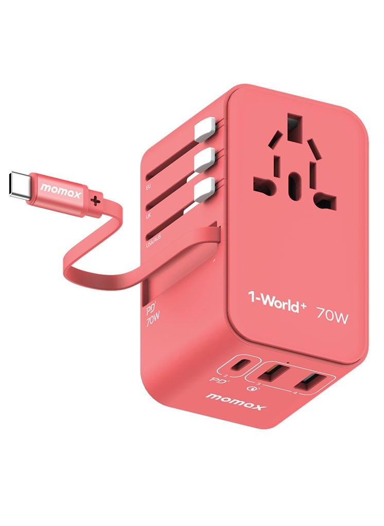 Momax Momax UA18 1-World 70W GaN 3 Ports + Multi Plug Travel Adapter Multi Volt 100-250V USB-C / USB-A with Retractable USB-C Cable - Red  - Image 1