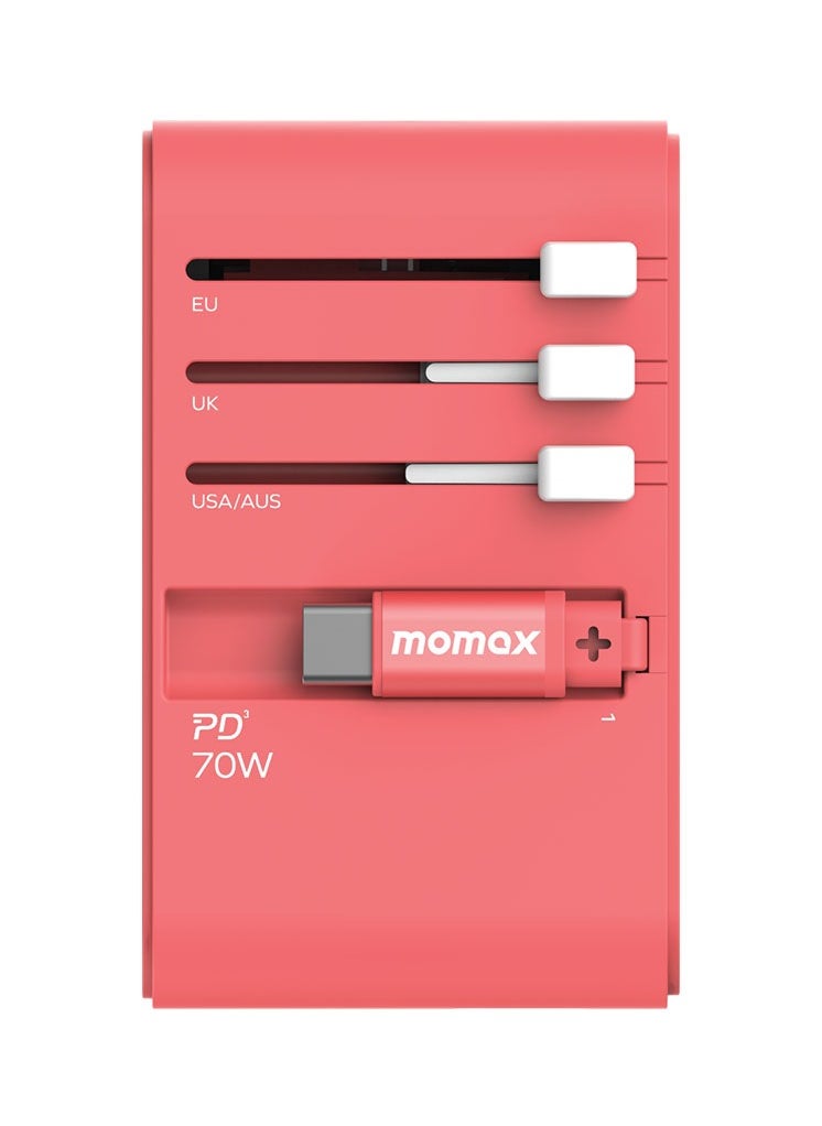 Momax Momax UA18 1-World 70W GaN 3 Ports + Multi Plug Travel Adapter Multi Volt 100-250V USB-C / USB-A with Retractable USB-C Cable - Red  - Image 2