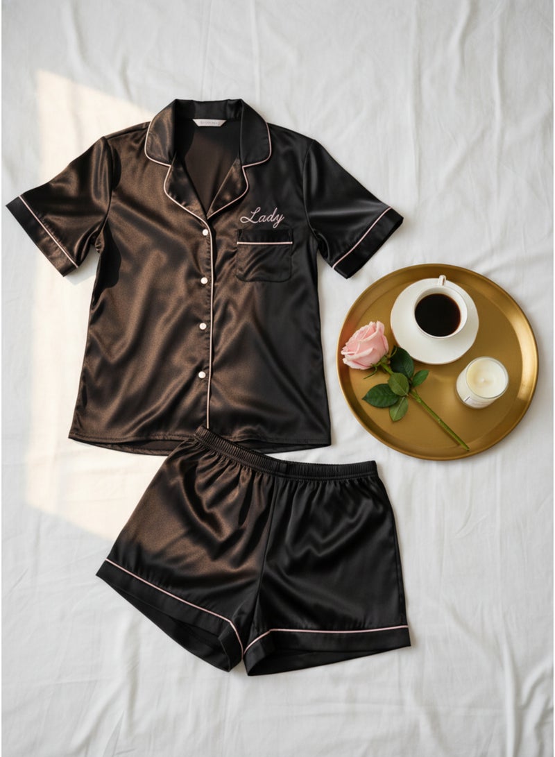 LADY Women's Satin Pajama Set Black – Button-Up Shirt & Comfortable Shorts Sleepwear - Image 1