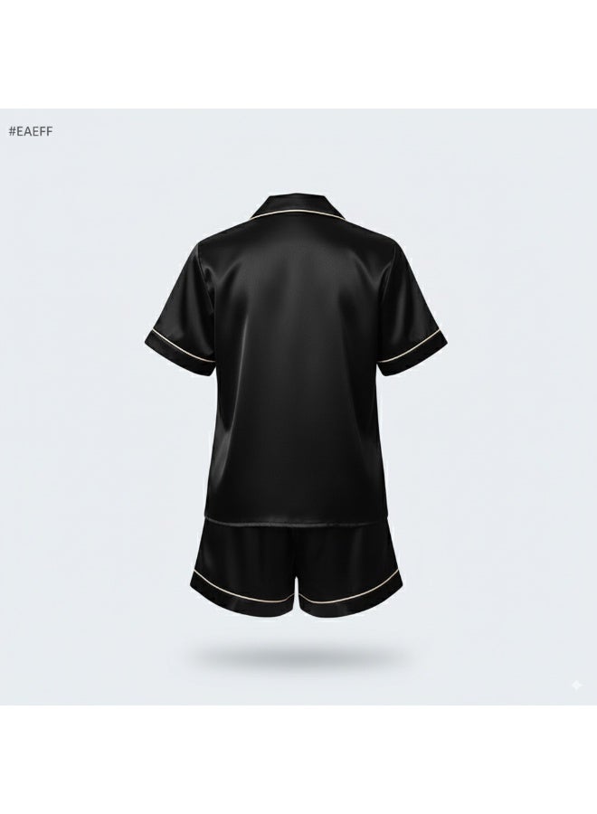 LADY Women's Satin Pajama Set Black – Button-Up Shirt & Comfortable Shorts Sleepwear - Image 5