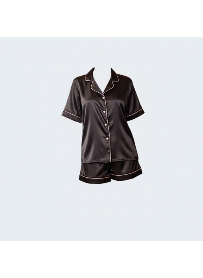 LADY Women's Satin Pajama Set Black – Button-Up Shirt & Comfortable Shorts Sleepwear - Image 4