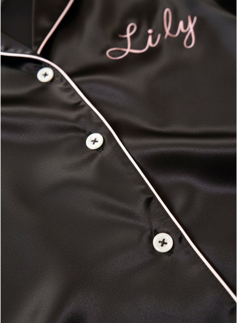 LADY Women's Satin Pajama Set Black – Button-Up Shirt & Comfortable Shorts Sleepwear - Image 2