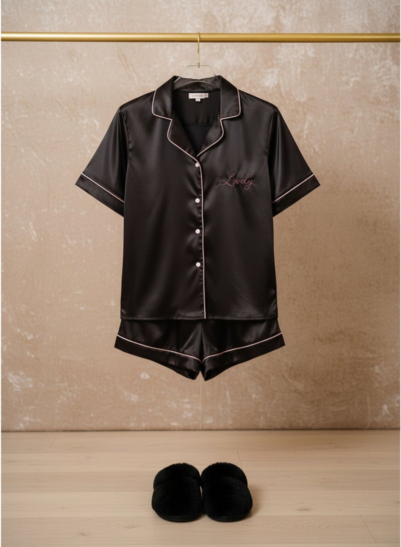 LADY Women's Satin Pajama Set Black – Button-Up Shirt & Comfortable Shorts Sleepwear - Image 3