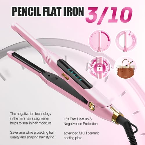 Mvxitanny Mini Flat Irons for Short Hair,Pixie Cut & Bangs,Pencil Hair Straightener for Edges with LED Display,Small Hair Straightener with Dual Voltage,Ease to use and Fast 15 Second Heat up（Pink） - Image 4