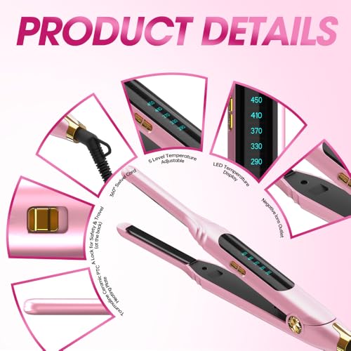 Mvxitanny Mini Flat Irons for Short Hair,Pixie Cut & Bangs,Pencil Hair Straightener for Edges with LED Display,Small Hair Straightener with Dual Voltage,Ease to use and Fast 15 Second Heat up（Pink） - Image 2