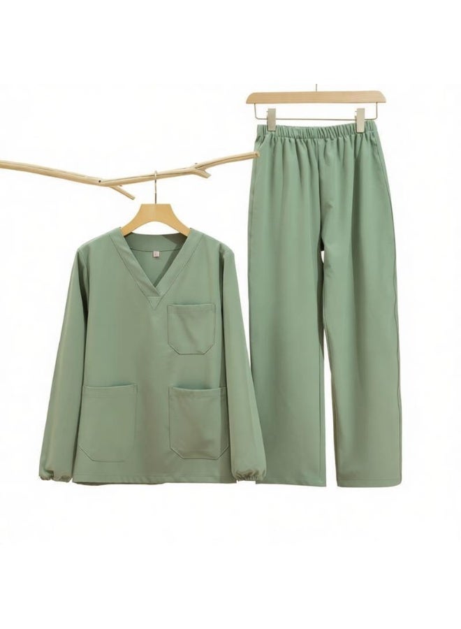 Womens V-Neck Scrubs Set Long Sleeves Top & Pants Soft Fabric Medical Nursing Uniform Light Green