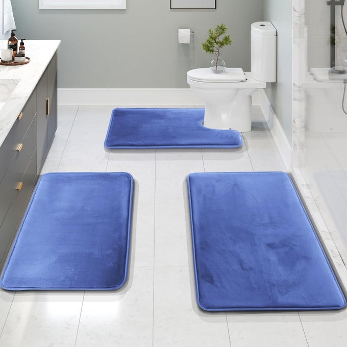 3 PIECE BATHROOM RUGS BATH MAT SET VELVET MEMORY FOAM BATH MATS FOR BATHROOM NONSLIP PVC BACKING BATH RUGS WASHABLE DRIES QUICKLY BLUE
