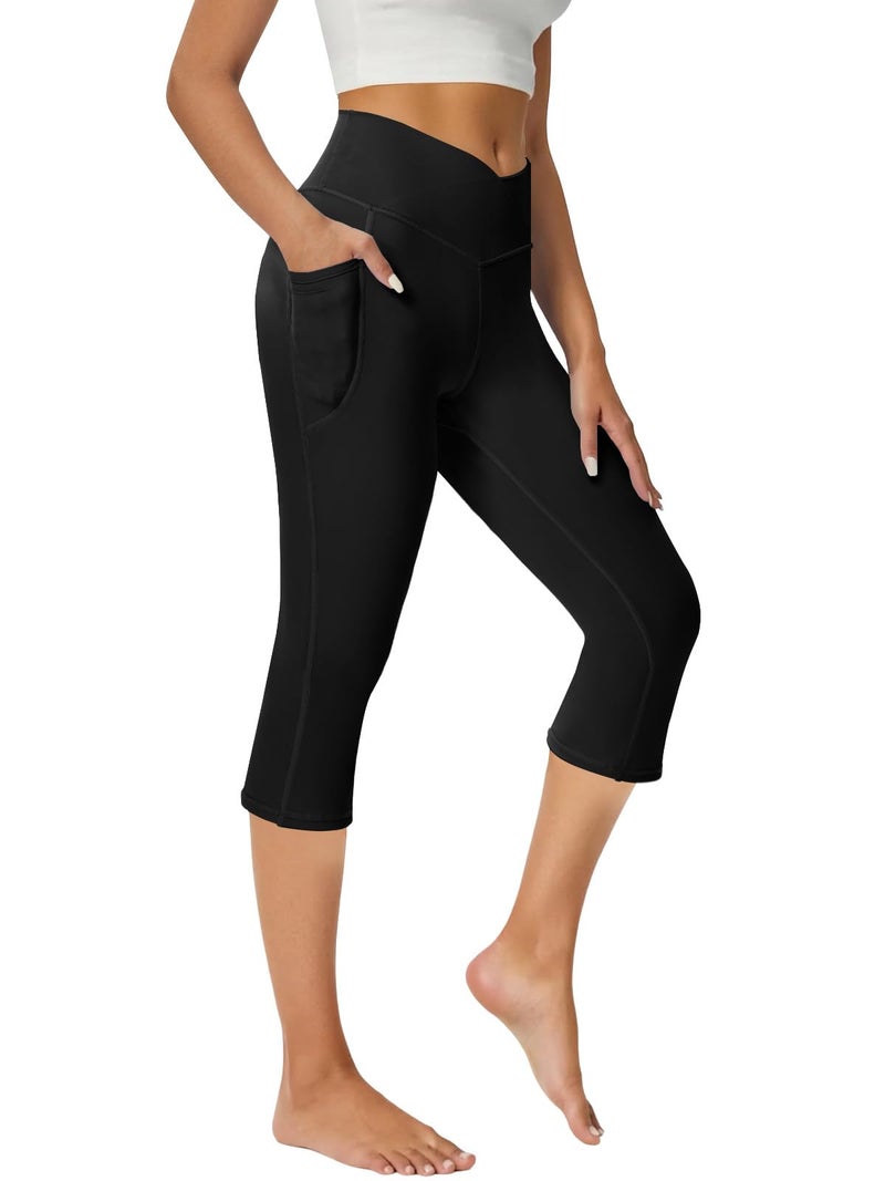 COPYLEAF Capri Leggings with Pockets for Women Yoga Pants Tummy Control Workout Cycling Leggingsï¼ˆBlack S - Image 1