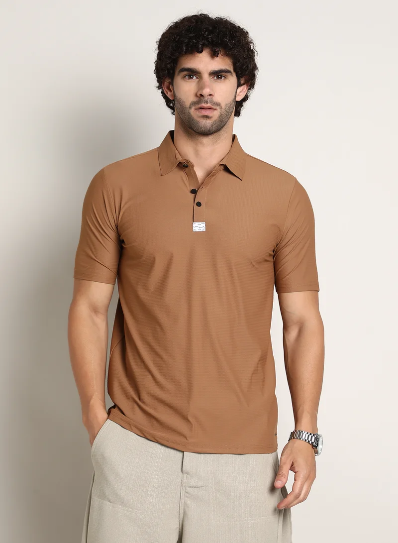 Campus Sutra Men's Sepia Brown Seamless Waffle Polo T-Shirt