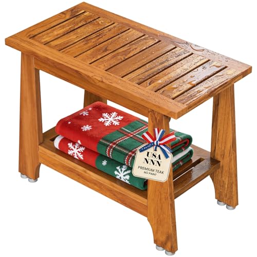 NNN 24" Commercial Teak Shower Bench - 8 Non-Slip Leveling Feet & 350 lbs Capacity | Rock-Solid Stability for Seniors & Spa Safety | Waterproof Design for Saunas/Outdoor Pools (Patented) - Image 1