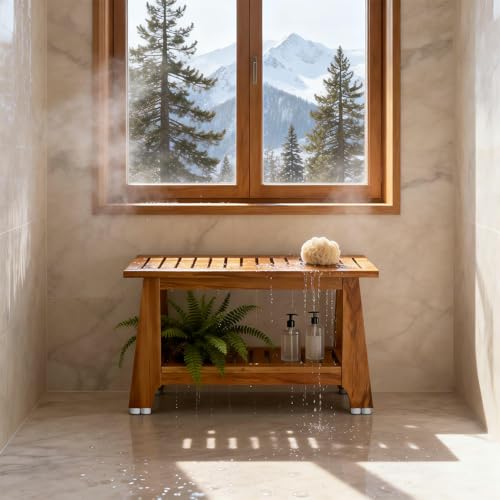NNN 24" Commercial Teak Shower Bench - 8 Non-Slip Leveling Feet & 350 lbs Capacity | Rock-Solid Stability for Seniors & Spa Safety | Waterproof Design for Saunas/Outdoor Pools (Patented) - Image 2