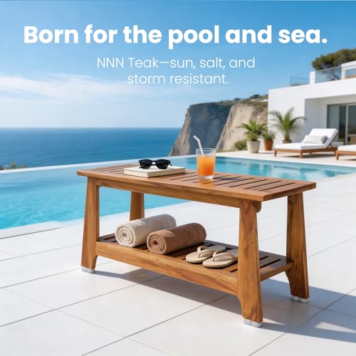 NNN 24" Commercial Teak Shower Bench - 8 Non-Slip Leveling Feet & 350 lbs Capacity | Rock-Solid Stability for Seniors & Spa Safety | Waterproof Design for Saunas/Outdoor Pools (Patented) - Image 5