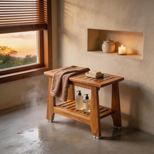 NNN 24" Commercial Teak Shower Bench - 8 Non-Slip Leveling Feet & 350 lbs Capacity | Rock-Solid Stability for Seniors & Spa Safety | Waterproof Design for Saunas/Outdoor Pools (Patented) - Image 3