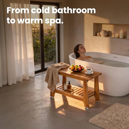 NNN 24" Commercial Teak Shower Bench - 8 Non-Slip Leveling Feet & 350 lbs Capacity | Rock-Solid Stability for Seniors & Spa Safety | Waterproof Design for Saunas/Outdoor Pools (Patented) - Image 4