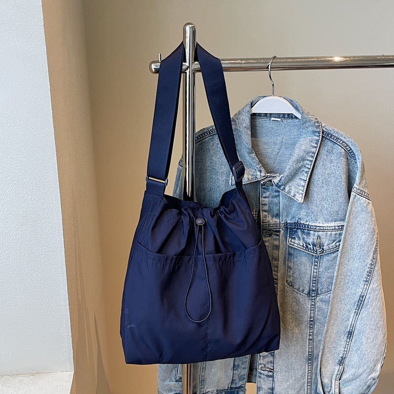 Korean Style Niche Drawstring Women'S Bag Casual Literary Bucket Bag Fashionable Lightweight Shoulder Bag Pleated Nylon Crossbody Bag