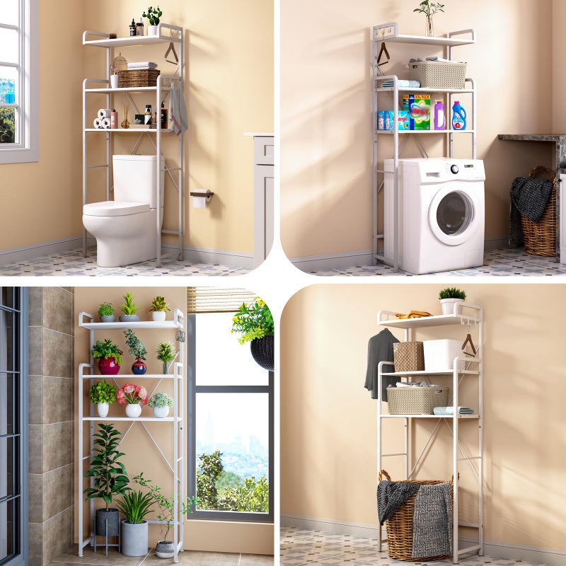 Huhote Over The Toilet Storage Rack with 3-Tier Bathroom Shelves, Space Saver Toilet Shelf, Bathroom Storage Organizer with Hooks for Over Toilet Storage and Shelf (White) - Image 3