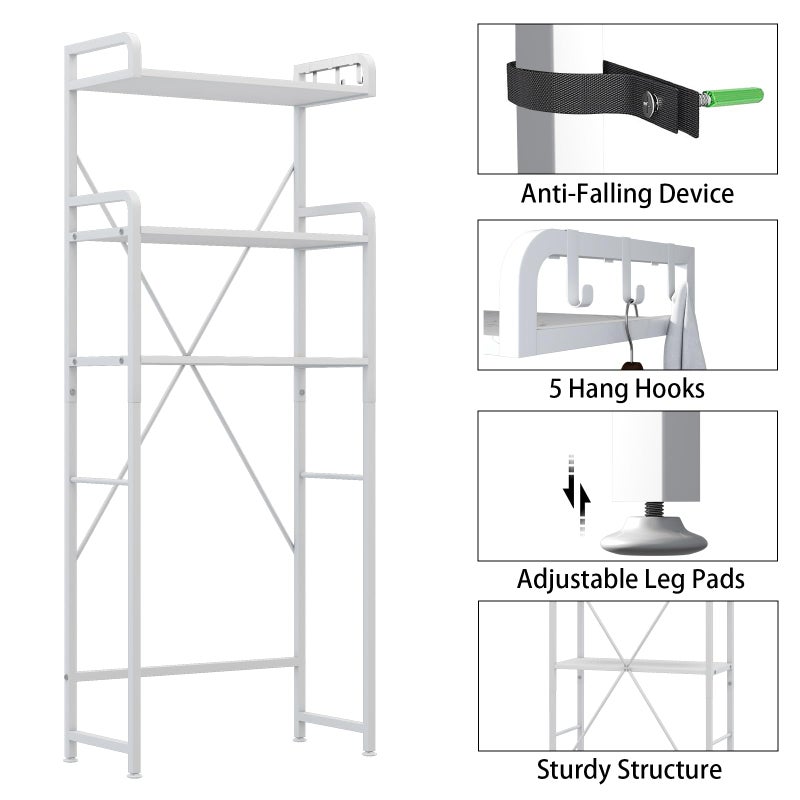 Huhote Over The Toilet Storage Rack with 3-Tier Bathroom Shelves, Space Saver Toilet Shelf, Bathroom Storage Organizer with Hooks for Over Toilet Storage and Shelf (White) - Image 2