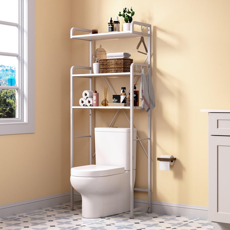 Huhote Over The Toilet Storage Rack with 3-Tier Bathroom Shelves, Space Saver Toilet Shelf, Bathroom Storage Organizer with Hooks for Over Toilet Storage and Shelf (White) - Image 1