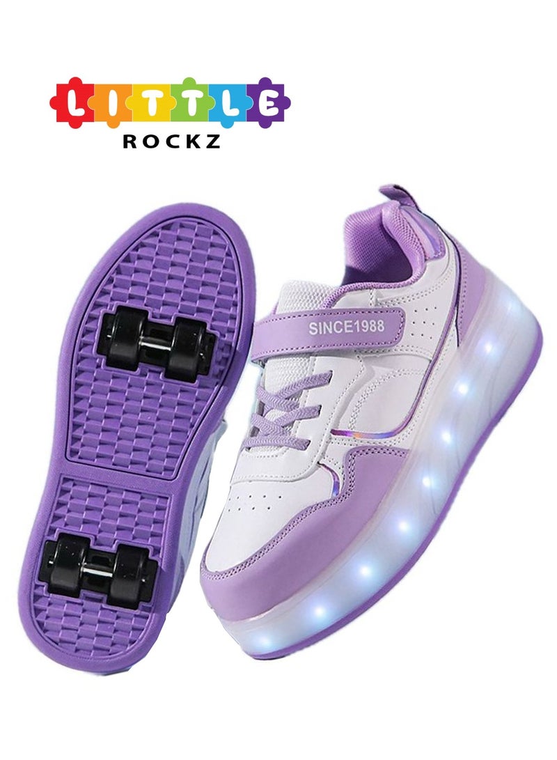 LITTLE ROCKZ Kids Four Wheel Roller Shoes Rechargeable LED Flash Light Sneaker Skate Heelys Shoes Violet - Image 1