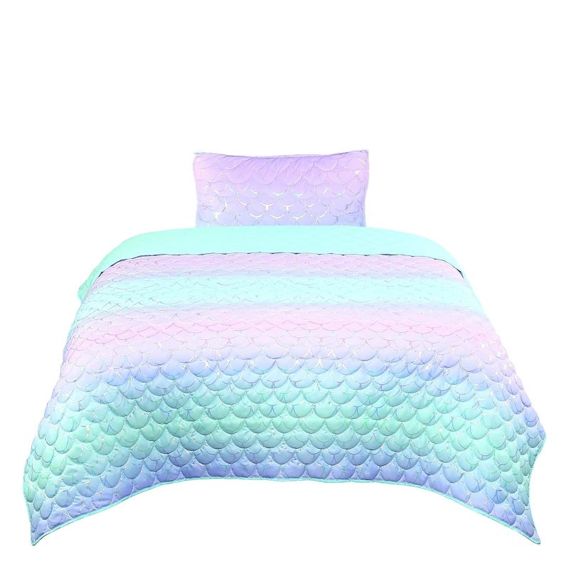 Tadpoles Girls Mermaid Pattern Quilt Set with 1 Twin Size Quilt and 1 Standard Sham Lightweight Soft and Durable Iridescent Metallic for Kids 2Piece Set Twin