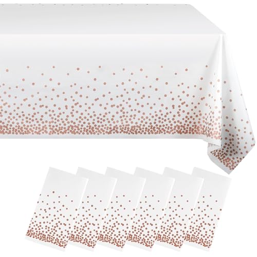 Eleclassi White and Rose Gold Dot 6 Pack Premium Disposable Plastic Tablecloth 54 x 108 in  Polka Dot Plastic Table Cloth Disposable Tablecloth for 8 Ft Rectangle Table