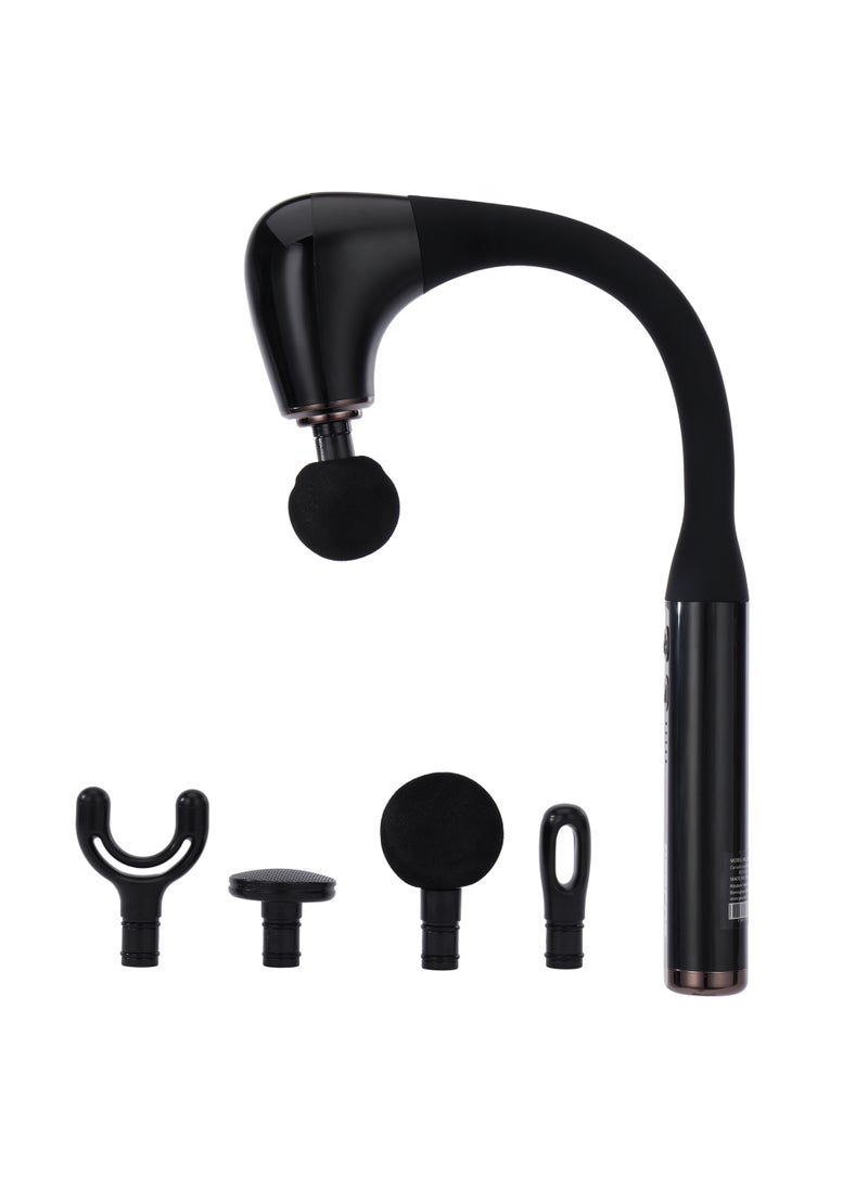 GEEPAS - Curved Long Handle Massage Gun| 5-Speed Function, LED Indicator, 15 Minutes Timer| Includes U-Shaped, Flat, Bullet and Round Heads| Relieves Muscle Soreness and Stiffness, Massager for Shoulder, Back, Full Body Relaxation|  2 Years Warranty GM86093UK Black - Image 1