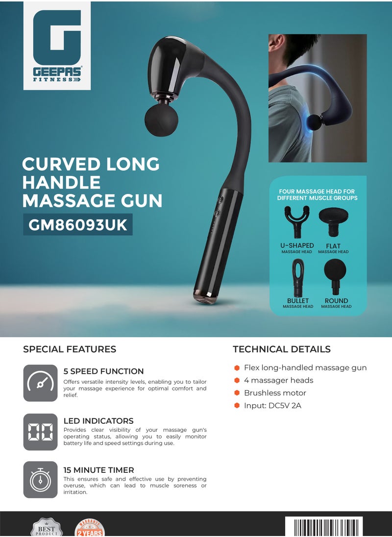 GEEPAS - Curved Long Handle Massage Gun| 5-Speed Function, LED Indicator, 15 Minutes Timer| Includes U-Shaped, Flat, Bullet and Round Heads| Relieves Muscle Soreness and Stiffness, Massager for Shoulder, Back, Full Body Relaxation|  2 Years Warranty GM86093UK Black - Image 1