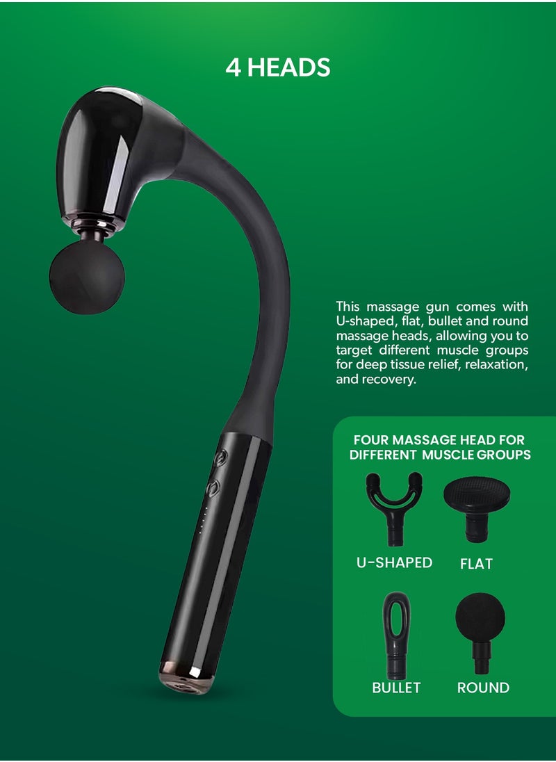 GEEPAS - Curved Long Handle Massage Gun| 5-Speed Function, LED Indicator, 15 Minutes Timer| Includes U-Shaped, Flat, Bullet and Round Heads| Relieves Muscle Soreness and Stiffness, Massager for Shoulder, Back, Full Body Relaxation|  2 Years Warranty GM86093UK Black - Image 1