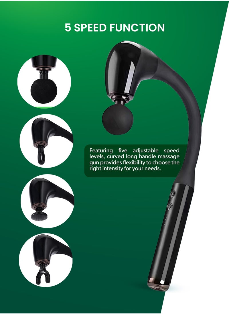 GEEPAS - Curved Long Handle Massage Gun| 5-Speed Function, LED Indicator, 15 Minutes Timer| Includes U-Shaped, Flat, Bullet and Round Heads| Relieves Muscle Soreness and Stiffness, Massager for Shoulder, Back, Full Body Relaxation|  2 Years Warranty GM86093UK Black - Image 1