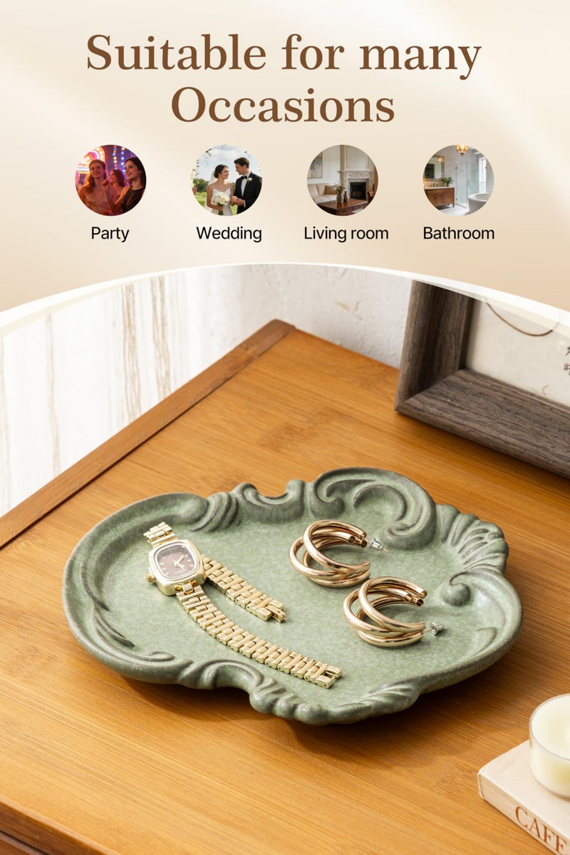 LYEOBOH Jewelry Tray, Ceramic Jewelry Dish, Ring Dish, Trinket Tray, Rinket Dish, Ring Holder Dish, Key Bowl, Bathroom Vanity Tray, Retro, Vintage, Friendship Gifts, Anniversary Secret Santa, Deep Green - Image 4