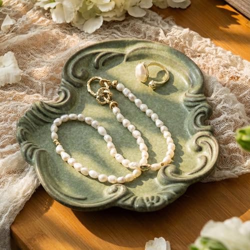 LYEOBOH Jewelry Tray, Ceramic Jewelry Dish, Ring Dish, Trinket Tray, Rinket Dish, Ring Holder Dish, Key Bowl, Bathroom Vanity Tray, Retro, Vintage, Friendship Gifts, Anniversary Secret Santa, Deep Green - Image 1