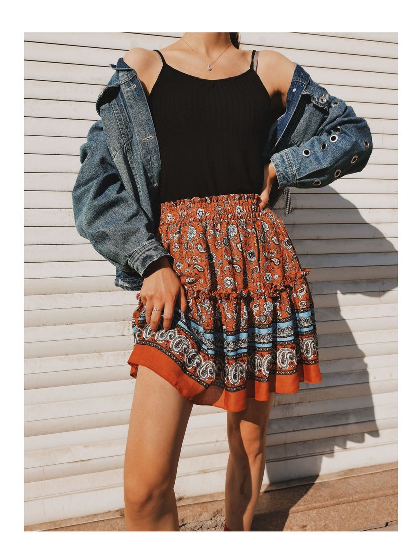 Loquat Women's Fashion Printed Bohemian Ethnic Style Skirt 