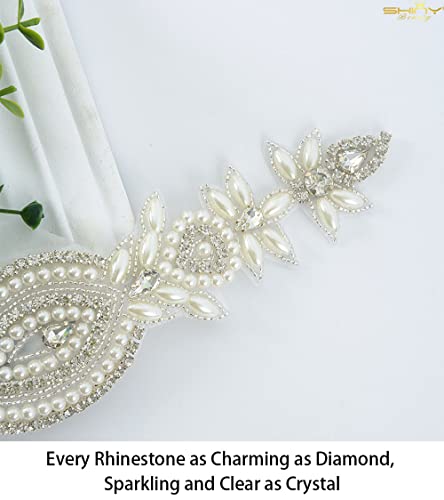 ShiDianYi Wedding Belt Applique Bridal Belt Rhinestone Applique Silver Wedding Dress Sash Belt Applique Crystal Rhinestone Off White Pearls… - Image 4