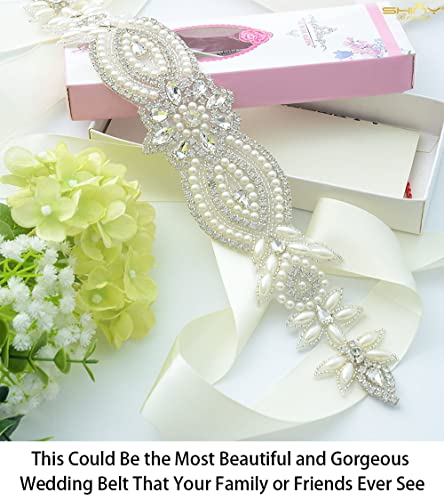 ShiDianYi Wedding Belt Applique Bridal Belt Rhinestone Applique Silver Wedding Dress Sash Belt Applique Crystal Rhinestone Off White Pearls… - Image 5