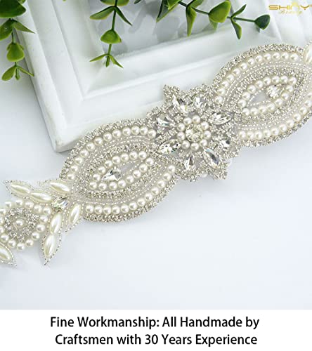 ShiDianYi Wedding Belt Applique Bridal Belt Rhinestone Applique Silver Wedding Dress Sash Belt Applique Crystal Rhinestone Off White Pearls… - Image 3