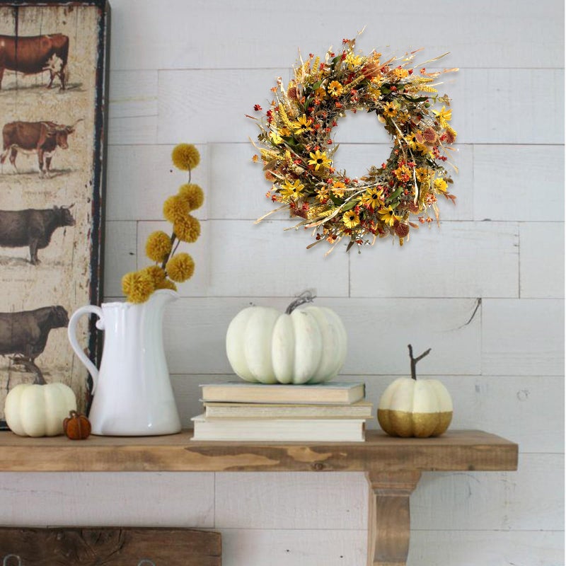Egolot 24 Inch Large Yellow Daisy Flower Eucalyptus Leaves Wreath for Front Door, Spring Yellow Flower Wreath with Grain Picks and Wild Flowers for Indoor and Outdoor, Rustic Farmhouse Home Decor - Image 3