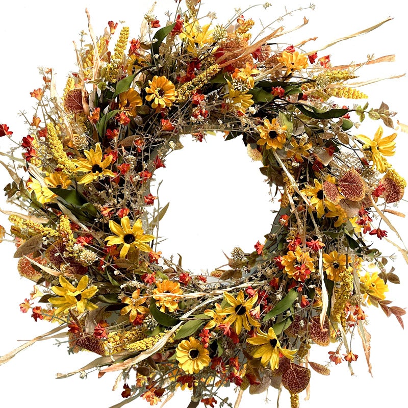 Egolot 24 Inch Large Yellow Daisy Flower Eucalyptus Leaves Wreath for Front Door, Spring Yellow Flower Wreath with Grain Picks and Wild Flowers for Indoor and Outdoor, Rustic Farmhouse Home Decor - Image 1