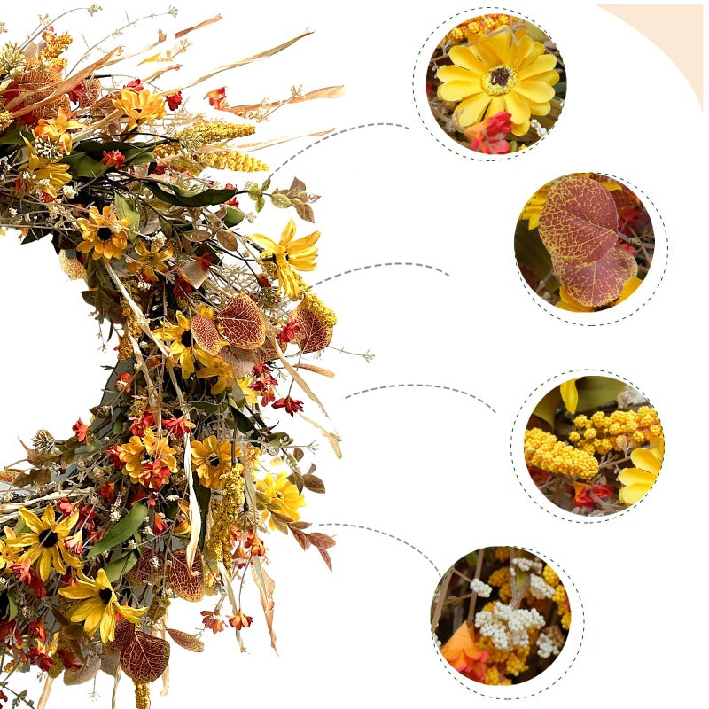 Egolot 24 Inch Large Yellow Daisy Flower Eucalyptus Leaves Wreath for Front Door, Spring Yellow Flower Wreath with Grain Picks and Wild Flowers for Indoor and Outdoor, Rustic Farmhouse Home Decor - Image 2