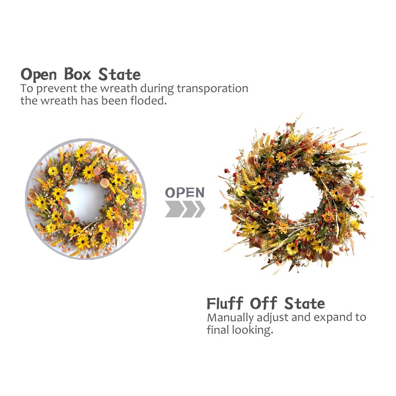 Egolot 24 Inch Large Yellow Daisy Flower Eucalyptus Leaves Wreath for Front Door, Spring Yellow Flower Wreath with Grain Picks and Wild Flowers for Indoor and Outdoor, Rustic Farmhouse Home Decor - Image 5