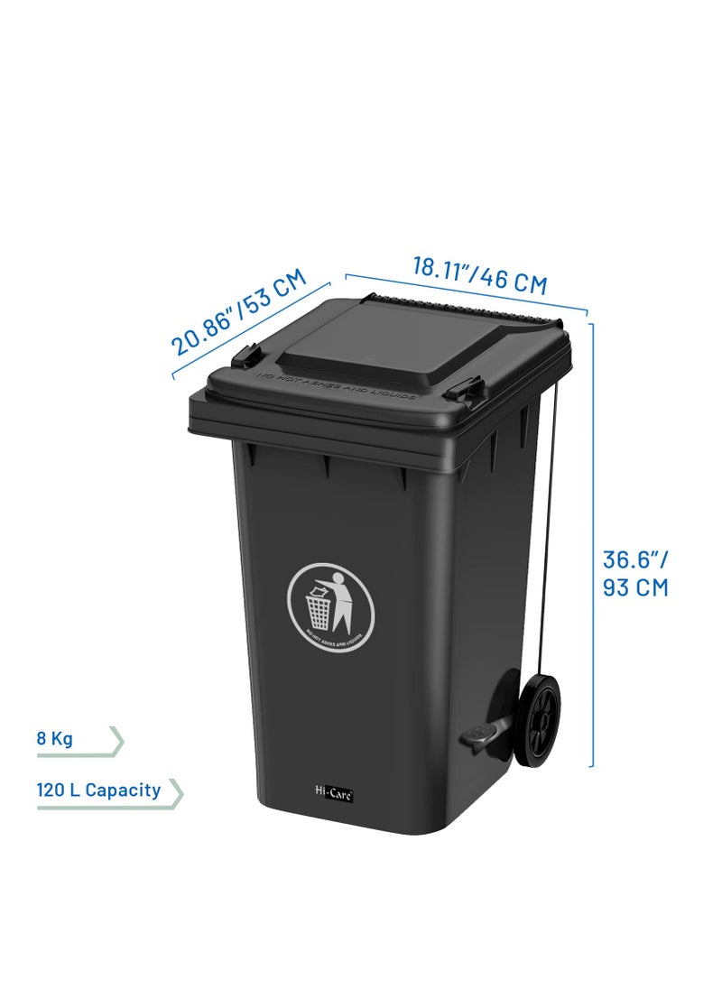 Hi Care - Plastic Garbage Bin 120 Litre with wheel and pedal - Heavy Duty Kitchen DustBin Outdoor Recycle Trash Can Large Industrial Waste bin Trash bin (Black) - Image 1